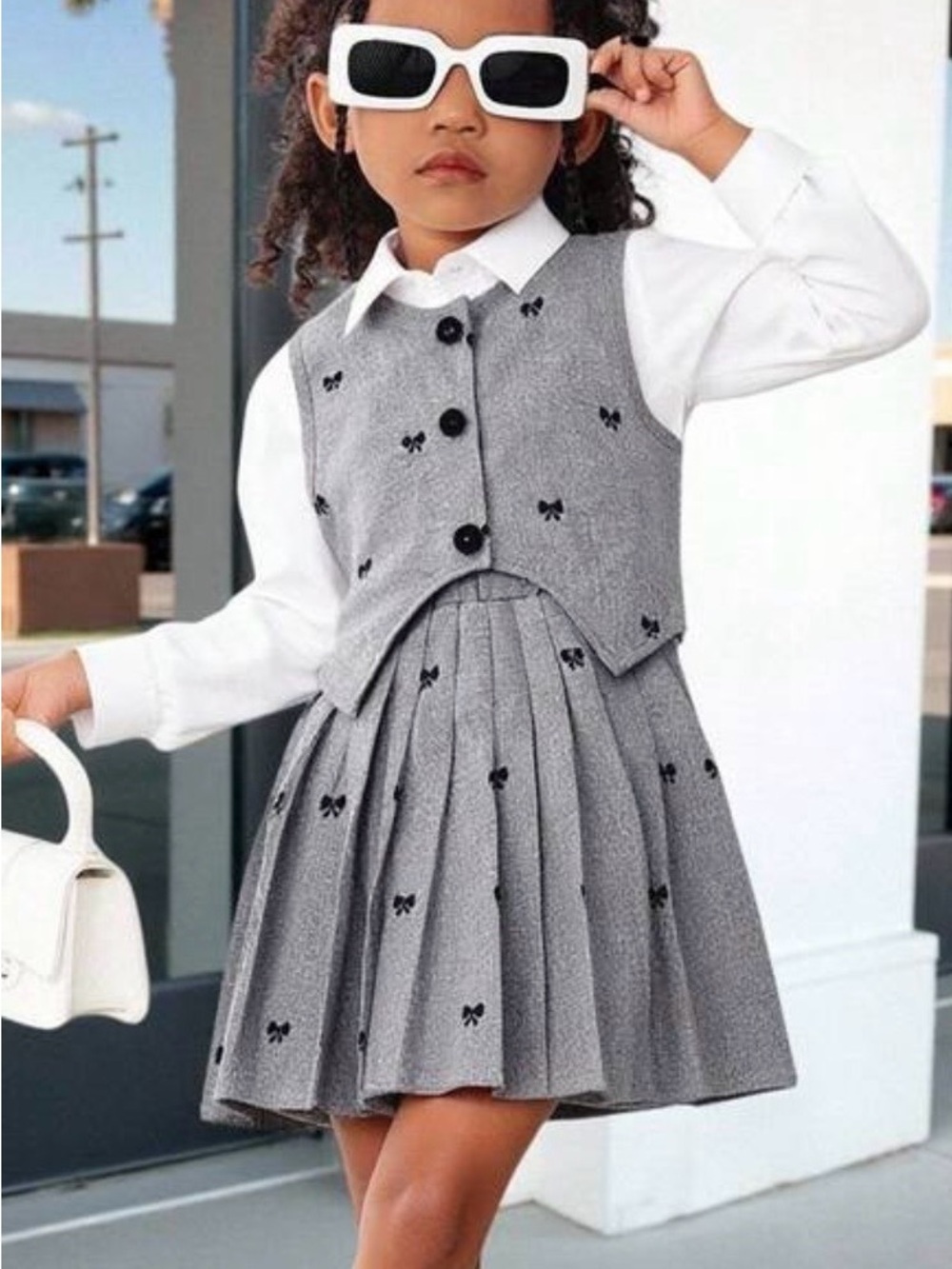 Girls Grey Pleated Bow-Embroidered Dress & Vest Set